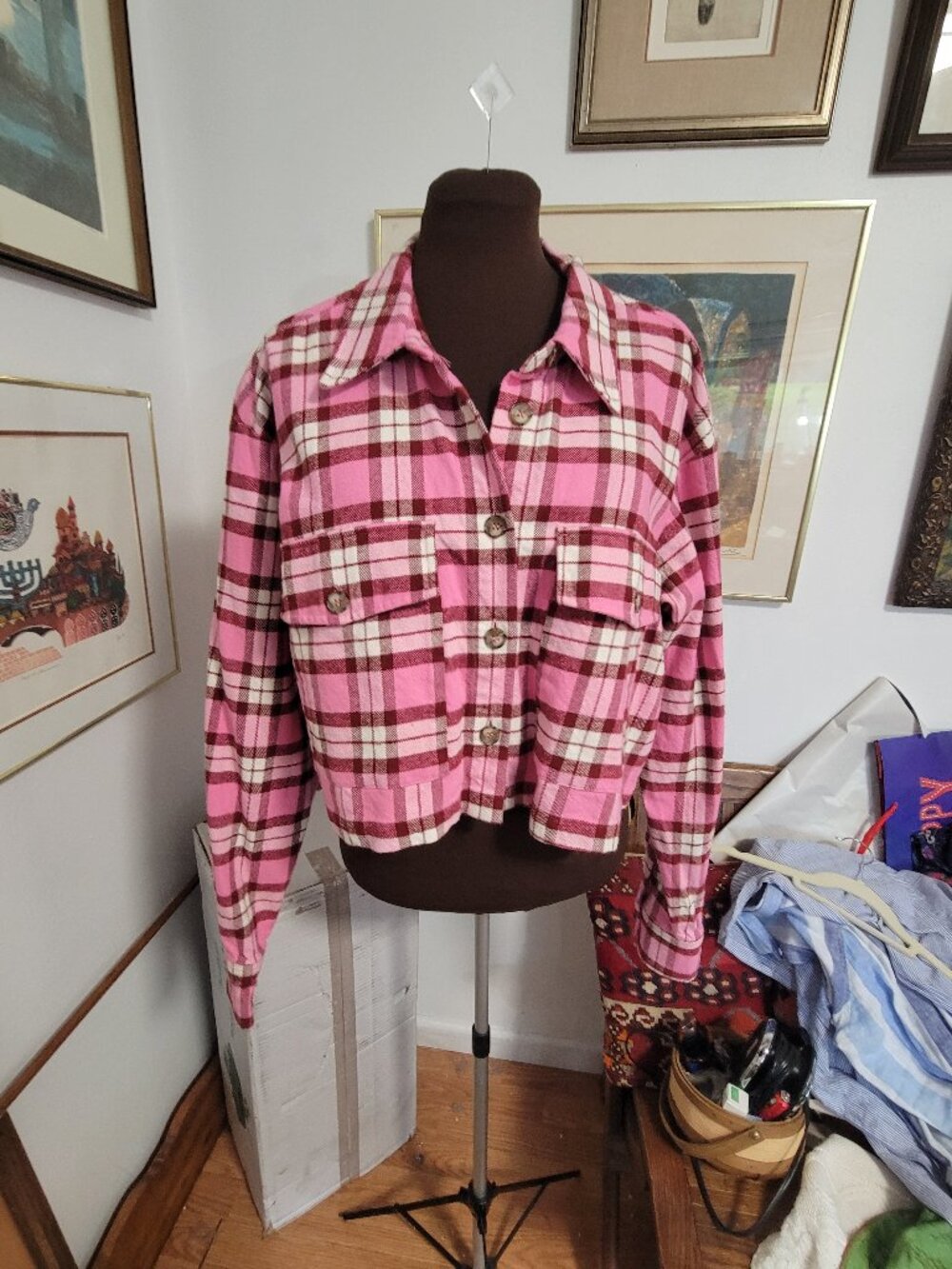 NWT Good American Pink PLaid Flannel jacket Top Size 3
